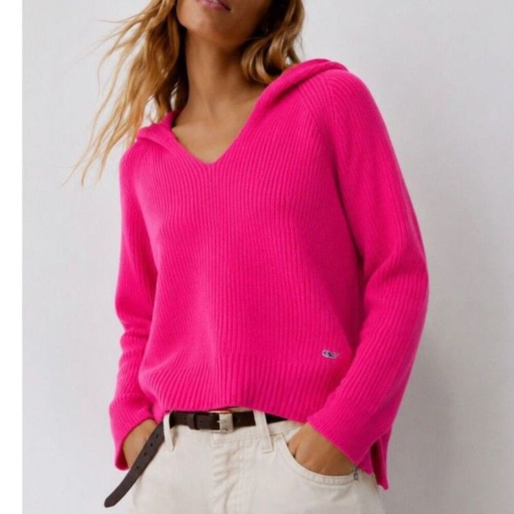 Vineyard Vines Hot Pink Ribbed V-Neck Hoodie Sweater XS Oversized MSRP:$138